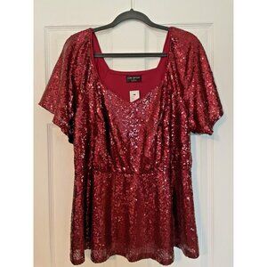 New Lane Bryant Red Sequins Top size 14 Babydoll Flutter short sleeve Holiday